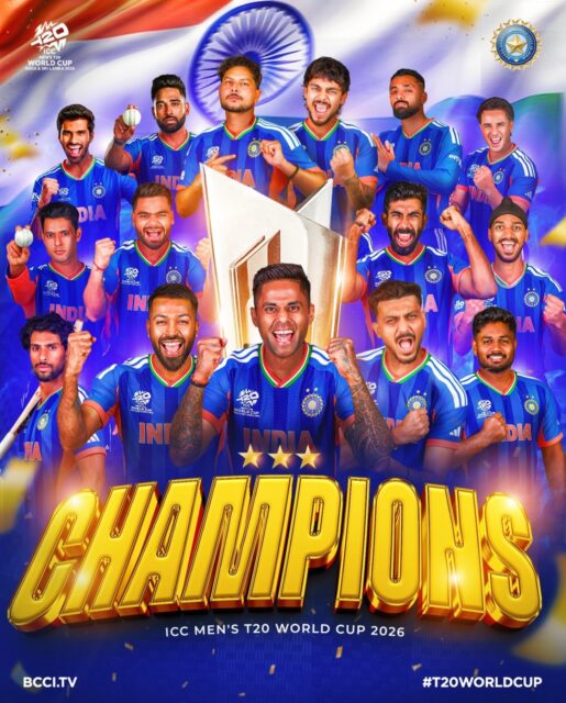 Champions of the world, hearts of a billion! 🇮🇳🏆🔥
Team India rises, conquers, and makes history again. The tricolour shines brighter than ever! ✨

#WorldChampions #TeamIndia #T20WorldCup #ProudIndian #BleedBlue