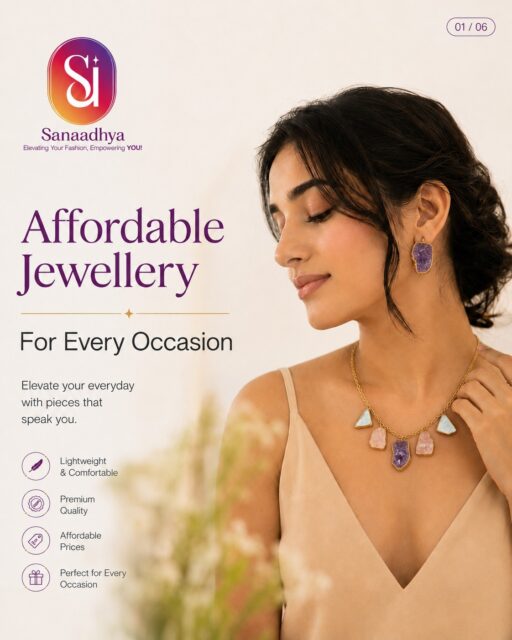 ✨ Elevate Every Moment with Sanaadhya ✨

From everyday elegance to festive glow, our jewellery pieces are designed to make you shine effortlessly. Lightweight, comfortable, and crafted for every occasion—because your style deserves to be as unique as you are. 💜

💎 Date Night Magic | Office Ready | Everyday Elegance | Festive Glow | Affordable & Premium

💫 Shop pieces that speak YOU. #SanaadhyaJewels #EverydayElegance #JewelleryForEveryMoment #AffordableLuxury #ShineWithSanaadhya