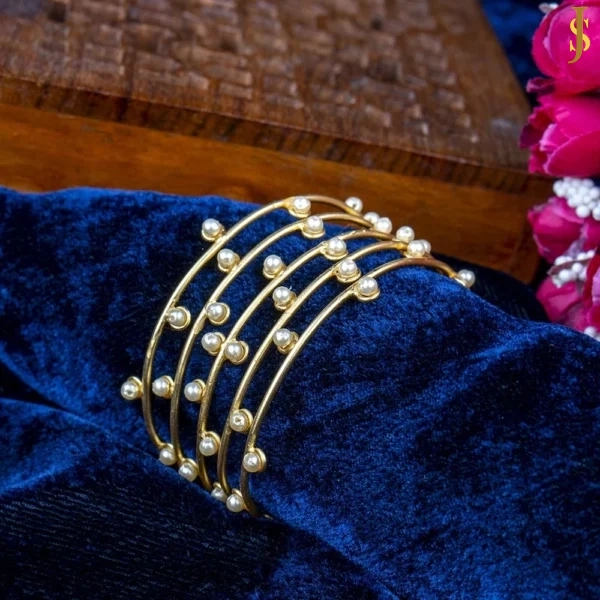 Sanaadhya Golden Brass Kada With Little Pearls
