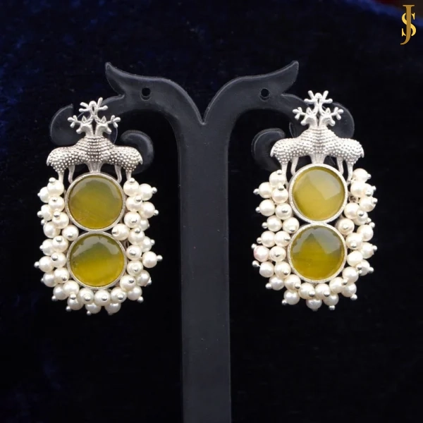 Sanaadhya Silver Replica Deer Earrings With Monalisa Stone and Beads