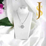 Rhodium Plated American Diamond Flower Pendant Set with Chain and Earrings jewellery design set