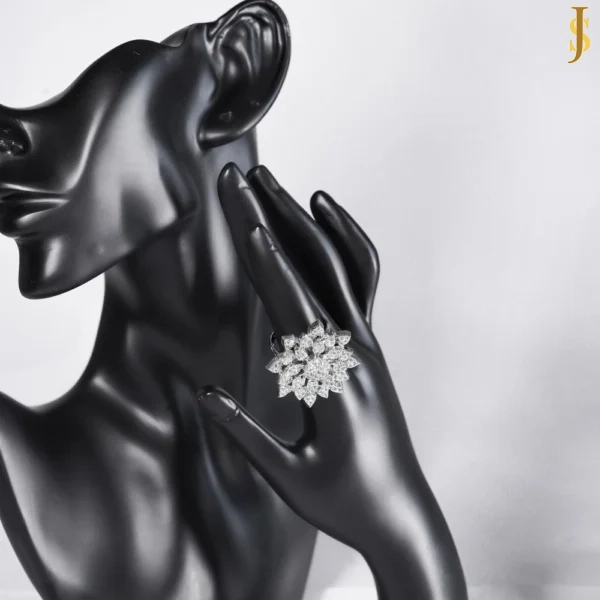 Sanaadhya Rhodium Plated American Diamond Flower Statement Ring
