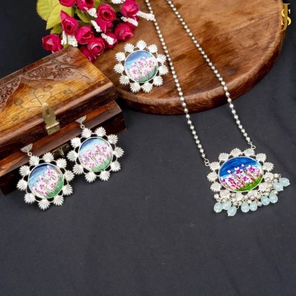 Sanaadhya Handpainted Silver Replica Combo of Neckpiece ,Earring and Ring