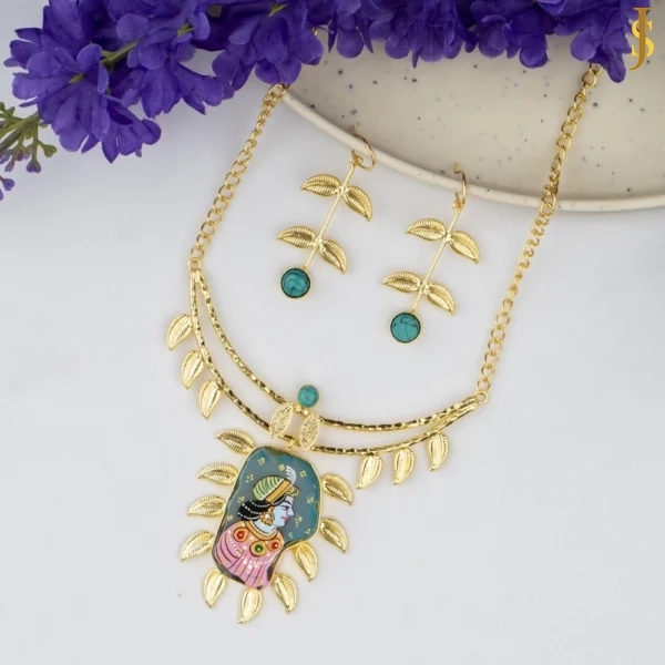 Sanaadhya Tanjore Handcrafted Golden Hasli with Pearl Earrings