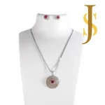 Rhodium Plated Round American Diamond Pendant Set with Chain and Earrings