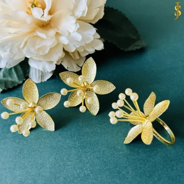 Sanaadhya Golden Brass Flower Earring and Ring Combo