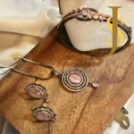 Victorian Plated American Diamond Oval Aqua Green Crystal Pendant and Bracelet Combo With Rose Gold Finish design