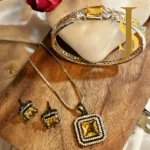 Victorian Plated American Diamond Square Pendant Set and Bracelet Combo design