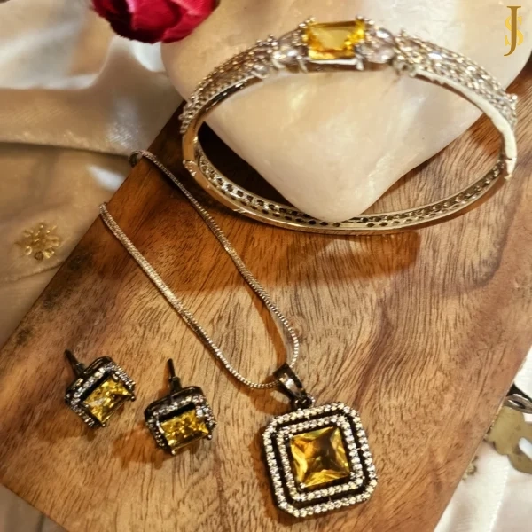 Sanaadhya Victorian Plated American Diamond Square Pendant Set and Bracelet Combo