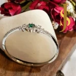 Rhodium Plated American Diamond Emerald Flower Pendant, Ring and Bracelet Combo design