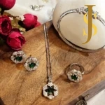 Rhodium Plated American Diamond Emerald Flower Pendant, Ring and Bracelet Combo set