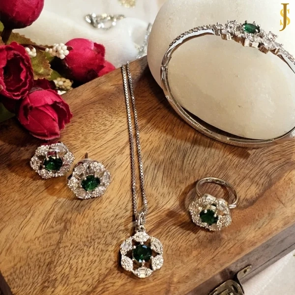 Sanaadhya Rhodium Plated American Diamond Green Flower Pendant, Ring and Bracelet Combo