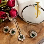 Rhodium Plated American Diamond Emerald Flower Pendant, Ring and Bracelet Combo