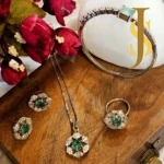 Rhodium Plated American Diamond Mint Green Flower Pendant, Ring and Bracelet Combo online design set