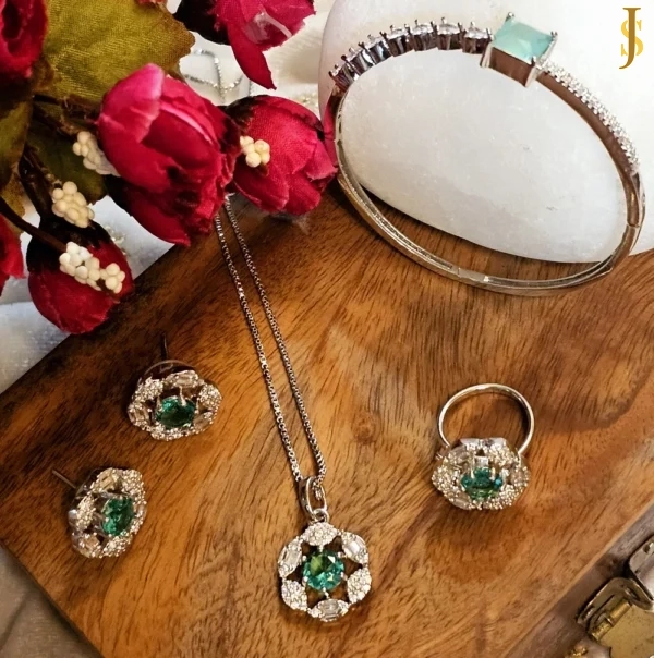Sanaadhya Rhodium Plated American Diamond Mint Green Flower Pendant, Ring and Bracelet Combo