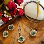 Rhodium Plated American Diamond Mint Green Flower Pendant, Ring and Bracelet Combo design