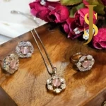 Rhodium Plated American Diamond Pink Flower Pendant, Ring and Bracelet Combo design