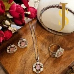 Rhodium Plated American Diamond Pink Flower Pendant, Ring and Bracelet Combo
