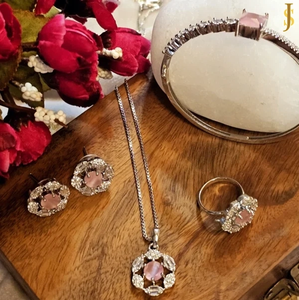 Sanaadhya Rhodium Plated American Diamond Pink Flower Pendant, Ring and Bracelet Combo