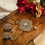 Rhodium Plated American Diamond Statement Crystal Pendant Set with Chain and Earrings set