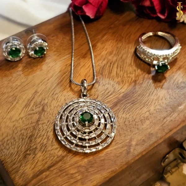Sanaadhya Rhodium Plated American Diamond Round Pendant Set and Ring Combo