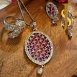 Rhodium Plated Pineapple American Diamond Ruby Red Pendant Set and Ring Combo