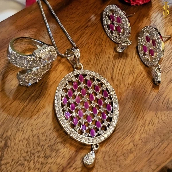 Sanaadhya Rhodium Plated Pineapple American Diamond Ruby Red Pendant Set and Ring Combo