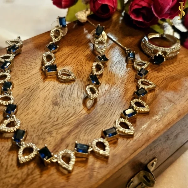 Sanaadhya Rhodium Plated American Diamond Blue Mini Necklace and Ring Combo