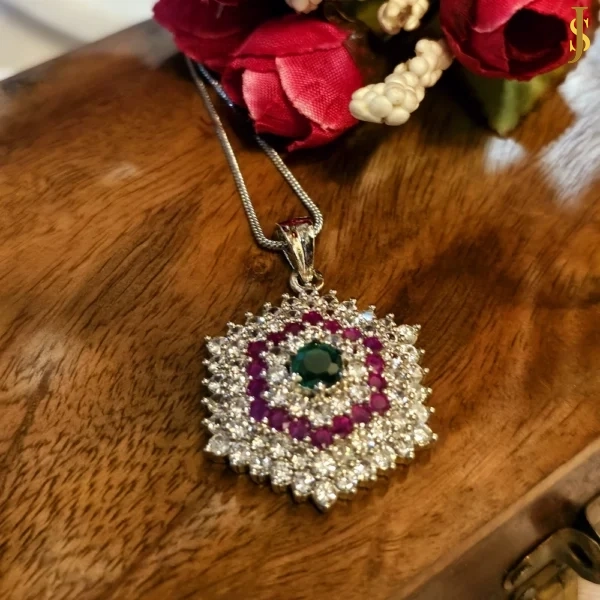 Sanaadhya Rhodium Plated American Diamond Multicolour Pendant Set and Ring Combo