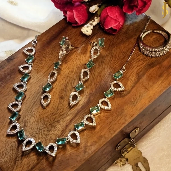 Sanaadhya Rhodium Plated American Diamond Mint Green Mini Necklace and Ring Combo