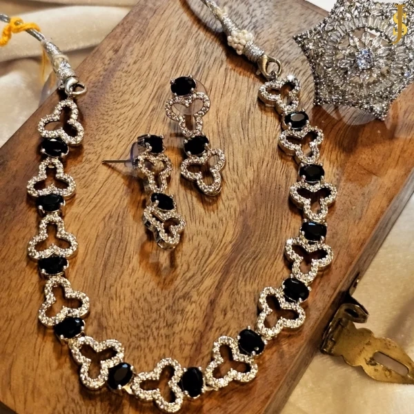 Sanaadhya Rhodium Plated American Diamond Stone Black Necklace and Ring Combo