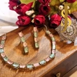 Rhodium Plated American Diamond Crystal Mint Pink Necklace and Ring Combo design