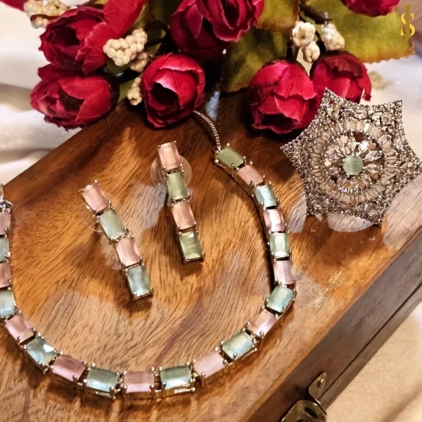 Sanaadhya Rhodium Plated American Diamond Stone Mint Pink Necklace and Ring Combo