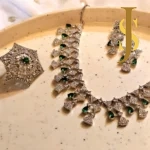 Rhodium Plated American Diamond Stone Green Necklace and Ring Combo design