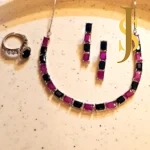 Rhodium Plated American Diamond Crystal Blue Hot Pink Necklace and Ring Combo set