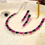 Rhodium Plated American Diamond Crystal Blue Hot Pink Necklace and Ring Combo