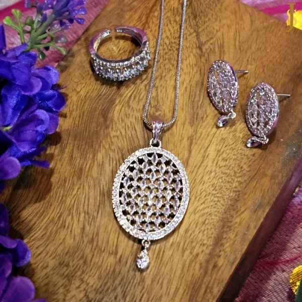 Sanaadhya Rhodium Plated Pineapple American Diamond White Pendant Set and Ring Combo