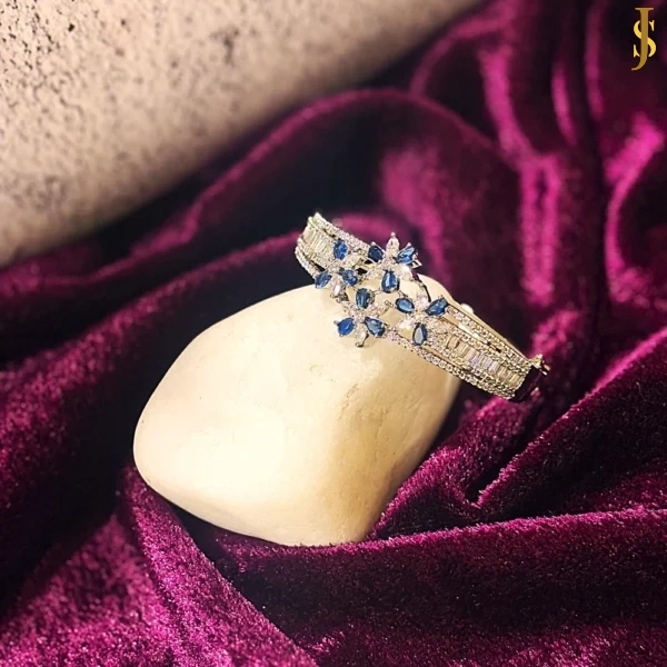 Rhodium Plated American Diamond Statement Openable Crystal Blue Bracelet set