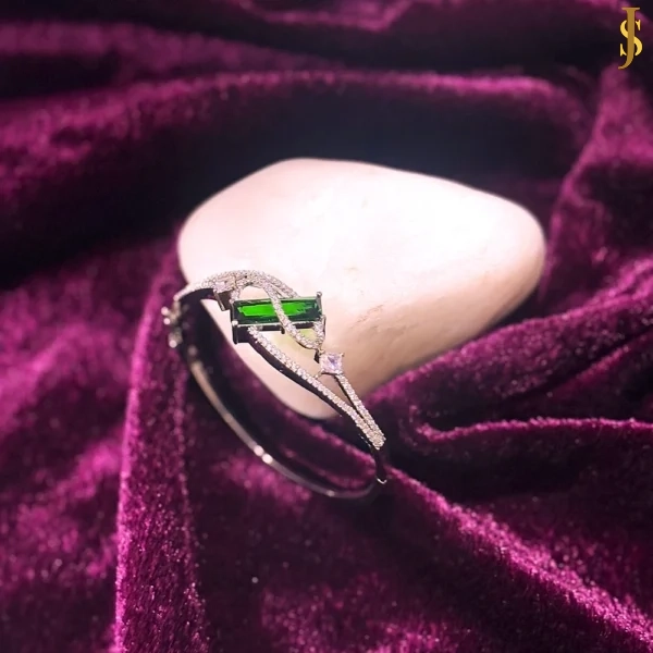 Sanaadhya Rhodium Plated American Diamond Elegant Openable Crystal Green Bracelet