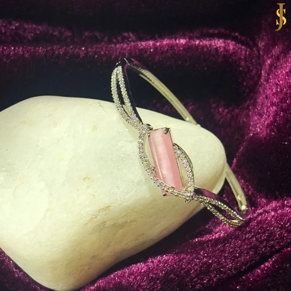 Sanaadhya Rhodium Plated American Diamond Openable Rectangle Pink Bracelet