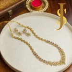 Antique Gold Floral CZ Necklace and earrings with Pink & Green Stone