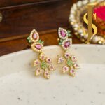Antique Gold Floral CZ Necklace Set with Pink & Green Stone