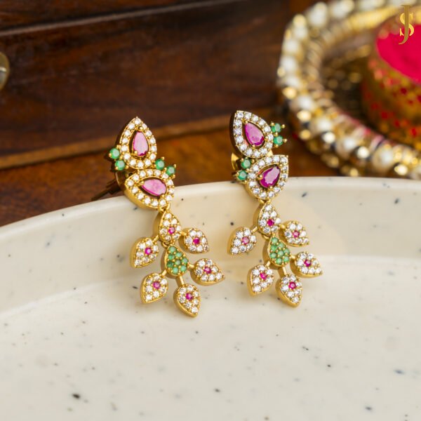 Antique Gold Floral CZ Necklace Set with Pink & Green Stone