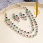 Rhodium Plated American Diamond Layered Multicolor Dazzling Neckpiece & earrings online jewellery