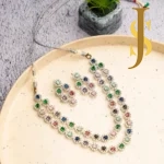 Rhodium Plated American Diamond Layered Multicolor Dazzling Neckpiece & earrings