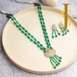 Elegant Layered Green Beads Long Necklace Set with Diamond Pendant with earrings