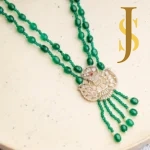 Elegant Layered Green Beads Long Necklace with Diamond Pendant