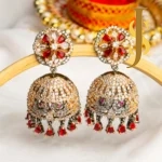 Radiant Floral CZ Stone Jhumka Earrings Red