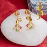 Antique Gold CZ Flower Bouquet Earrings with Red & Green Stone