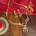 Antique Gold CZ Flower Bouquet Choker Set with Red & Green Stone